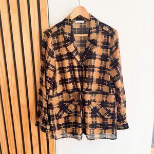 Calvin Klein Shacket Satin Waist Cinch Plaid Button Down Shirt (M)